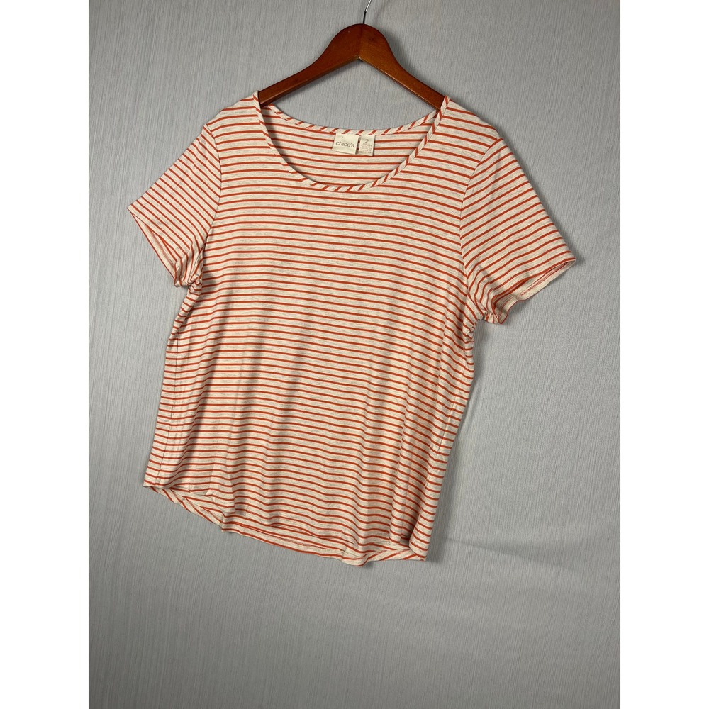 Chico's T-Shirt Women 2 Orange White Striped Scoop Neck Casual Stretch Tee